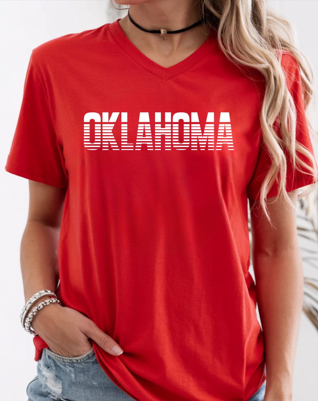 Oklahoma Striped Retro V-Neck Tee — State Pride Graphic Shirt