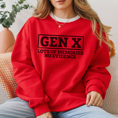 Gen X Crewneck Sweatshirt - "Lots of Memories, No Evidence" Vintage Retro Tee for 40s-50s