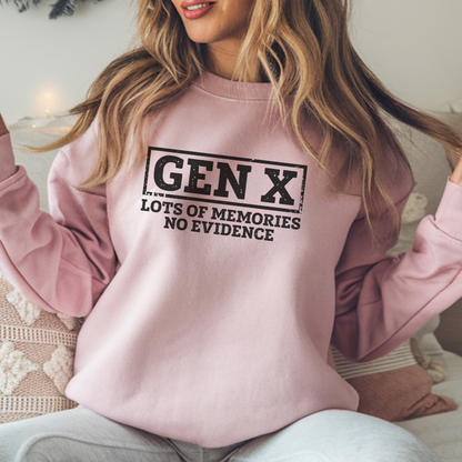 Gen X Crewneck Sweatshirt - "Lots of Memories, No Evidence" Vintage Retro Tee for 40s-50s