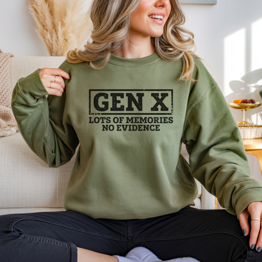 Gen X Crewneck Sweatshirt - "Lots of Memories, No Evidence" Vintage Retro Tee for 40s-50s