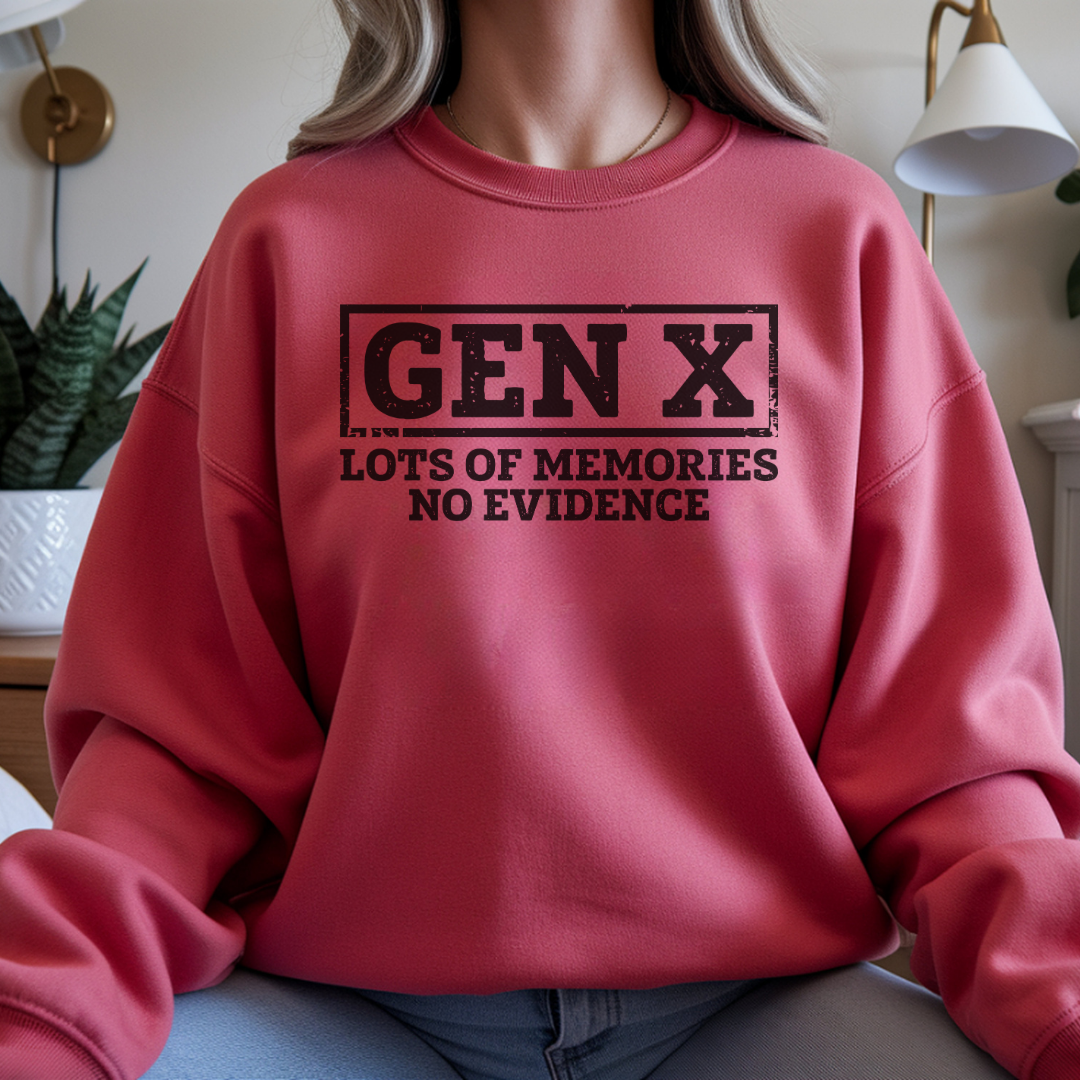 Gen X Crewneck Sweatshirt - "Lots of Memories, No Evidence" Vintage Retro Tee for 40s-50s