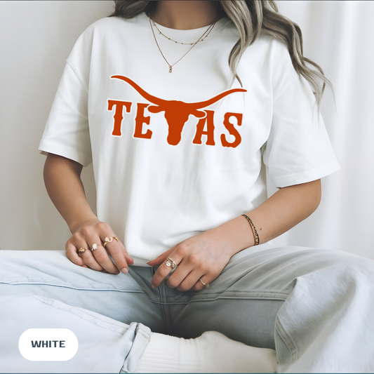 Texas Longhorns Graphic T-Shirt — Burnt Orange "TEXAS" with Longhorn Logo
