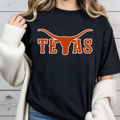 Texas Longhorns Graphic T-Shirt — Burnt Orange "TEXAS" with Longhorn Logo