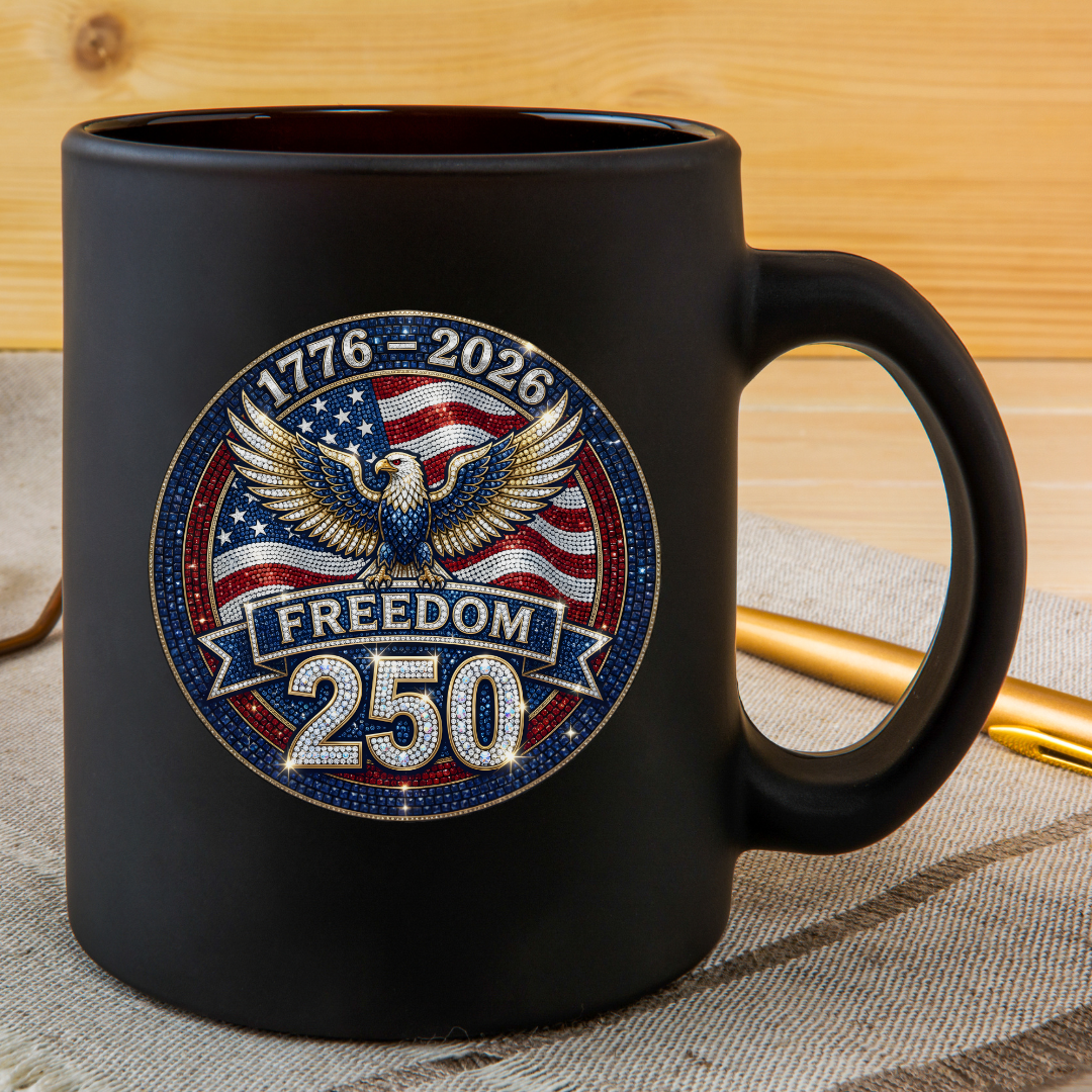 Freedom 250 Sparkle Emblem 11oz or 15oz Black Mug