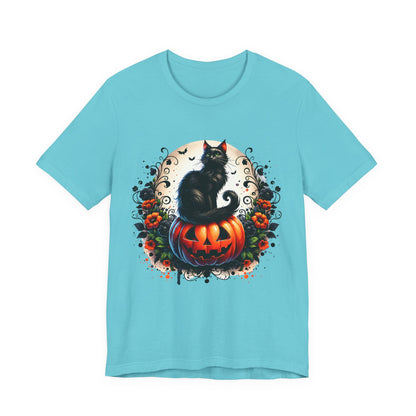 Halloween Black Cat T-Shirt, Unisex Jersey Short Sleeve Shirt, Spooky Fall Fashion, Cat Lover Gift, Autumn Celebrations, Halloween Shirt