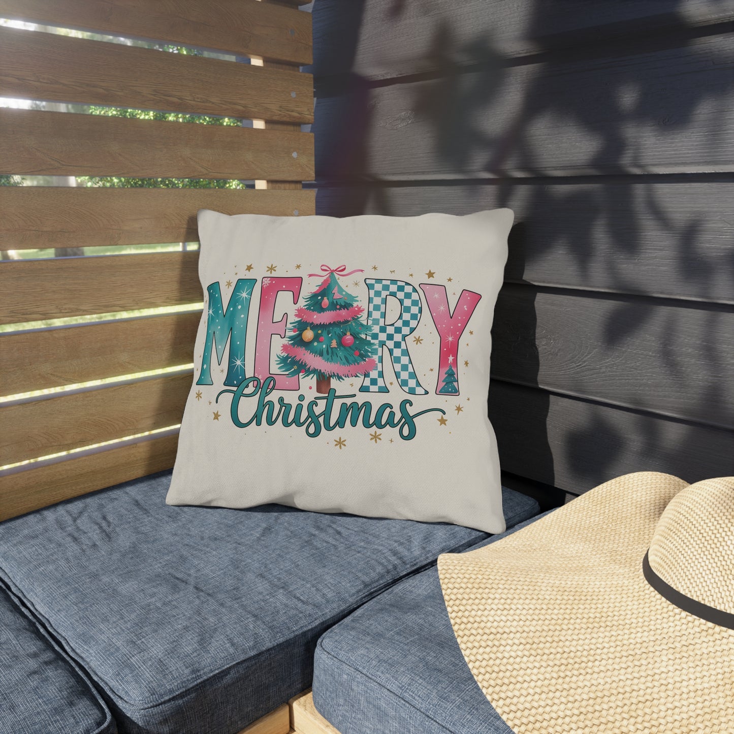 Merry Christmas Outdoor Pillow — Festive Teal & Pink Tree Holiday Cushion