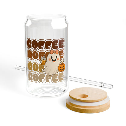 Cute Ghost Coffee Sipper Glass 16oz, Halloween Drinkware Reusable Beverage Jar Unique Gift Home Decor