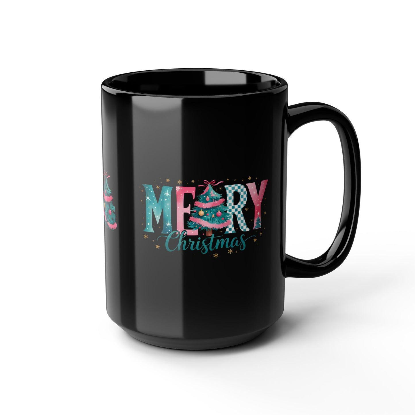Merry Christmas Black Mug – Festive Tree Holiday Coffee Cup 15oz