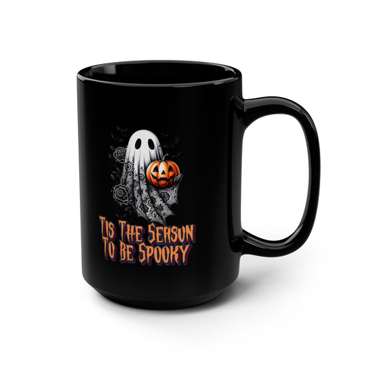Tis the Season to be Spooky Ghost and Pumpkin 15 oz Black Mug Halloween-Themed Black Mug, Spooky Coffee Mug, Gift for Halloween Lovers, Fall Decor Mug, Pumpkin Ghost Mug
