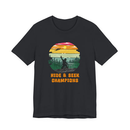 Retro Bigfoot T-Shirt Funny Hide and Seek Champion Graphic Tee Sasquatch Silhouette Sunset Forest Shirt Vintage Cryptid Lover Gift