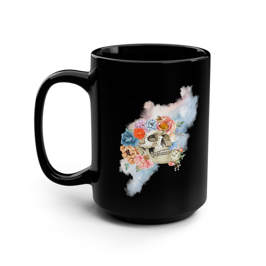 Gothic Floral Skull 15oz Mug Vintage Boho Skull Watercolor Goth Graphic Mug Floral Skull Mug with Crow Floral Skull Black Mug, 15oz Coffee Cup Gothic Home Decor Halloween Gift