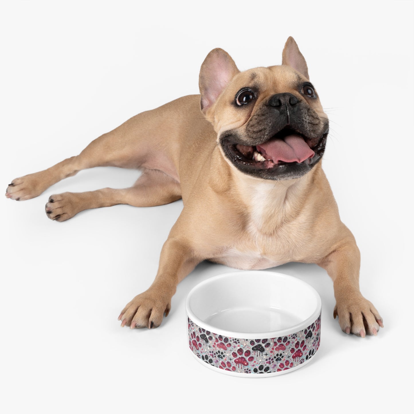 Glitter Paw Print Ceramic Pet Bowl — Pink & Black Glitter Paw Pattern