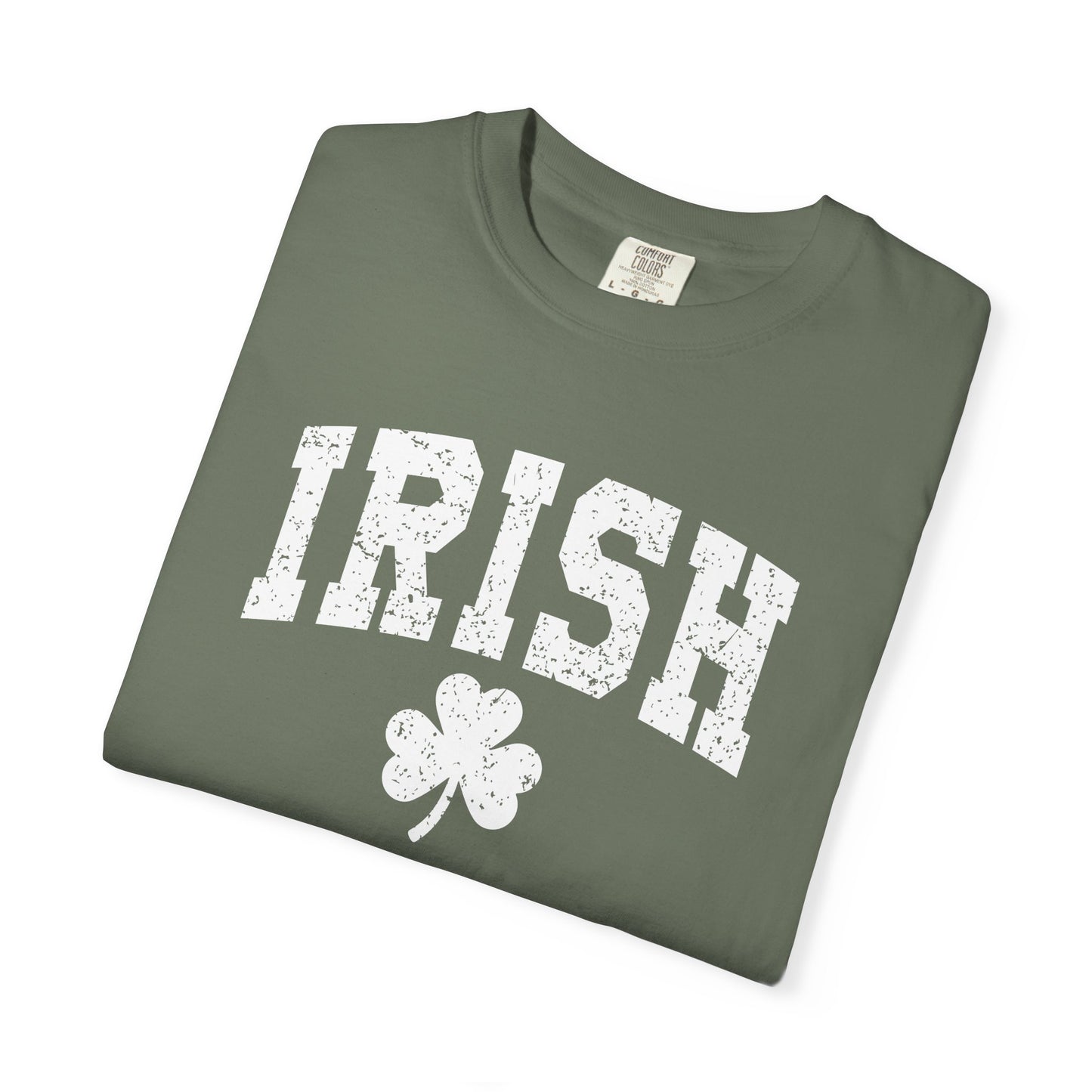 Irish Shamrock T-Shirt — Vintage Green 'IRISH' College Tee for St. Patrick's Day