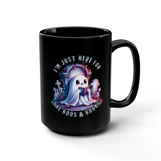 Cute Ghost Mug I'm Just Here for the Boos and Books Cemetery Ghost Mug Black 15 oz, Spooky Coffee Cup, Perfect Gift for Book Lovers, Ghost Lovers, and Halloween Enthusiasts
