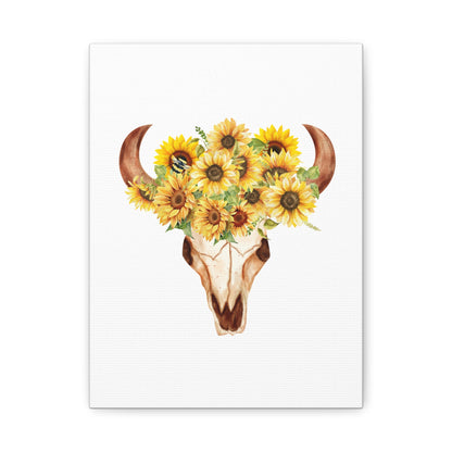 Rustic Bull Skull with Sunflowers Floral Wall Art Canvas Print, Country Home Decor, Cow Skull with Sunflowers, Southwestern Style, Bohemian Wall Hanging