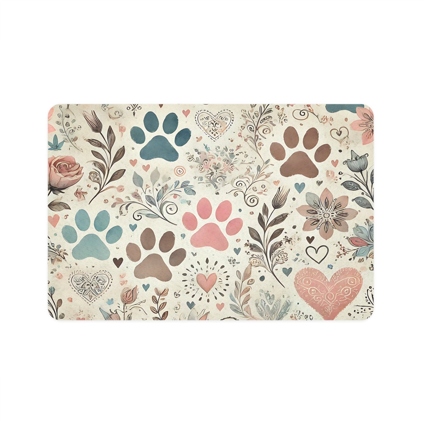 Pastel Paw Print Pet Food Mat — 12 x 18 Waterproof Feeding Mat