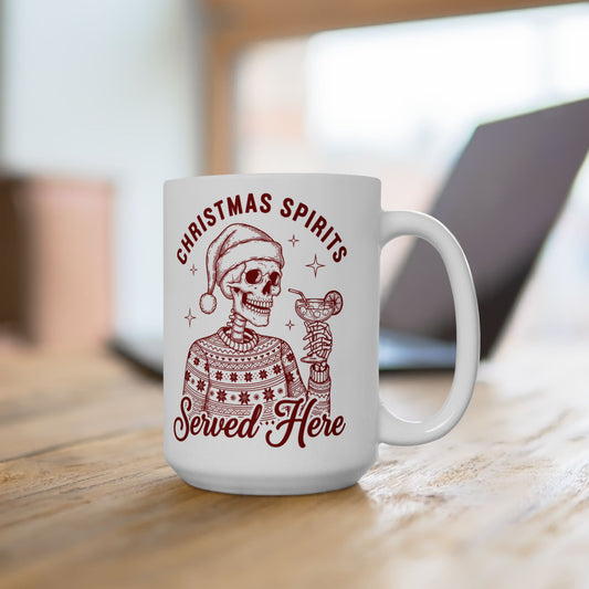 Christmas Spirits Ceramic Mug — ‘Spirits Serving Here’ Vintage Holiday Design 15oz