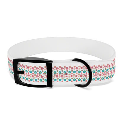 Personalized 3D Floral Dog Collar — Custom Name & Phone Number, Pink Teal Paw-Print Pattern