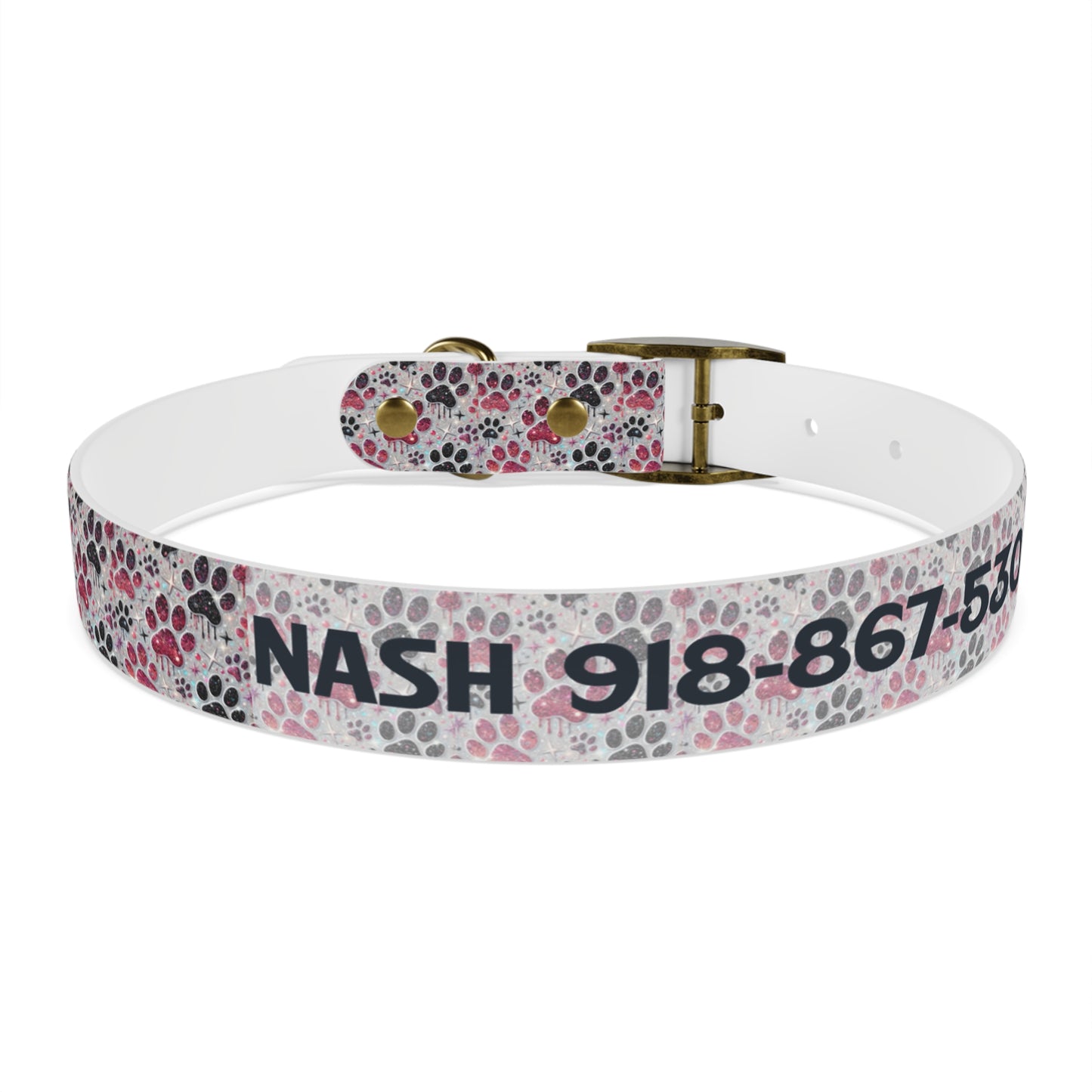 Personalized Paw Print Dog Collar — Custom Name & Phone Number, Cute Pink Gray Pet Collar