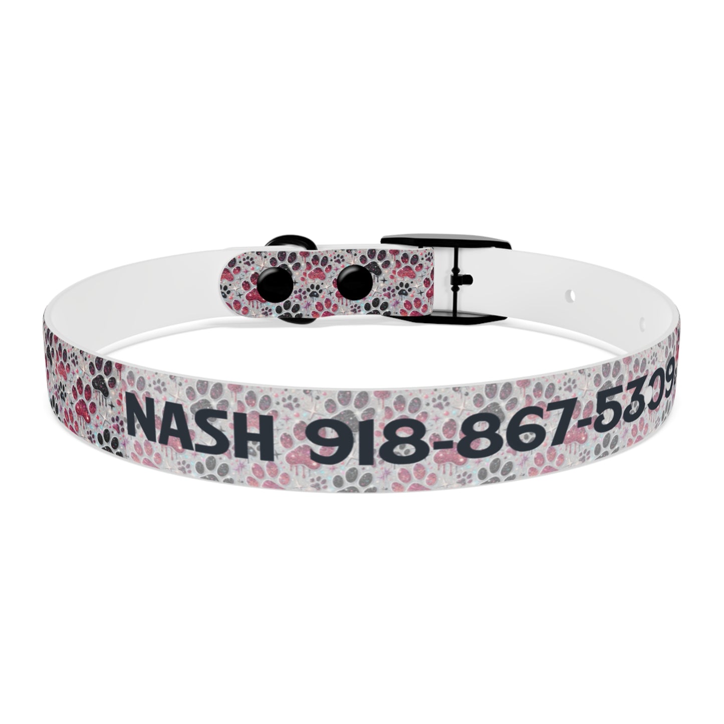 Personalized Paw Print Dog Collar — Custom Name & Phone Number, Cute Pink Gray Pet Collar
