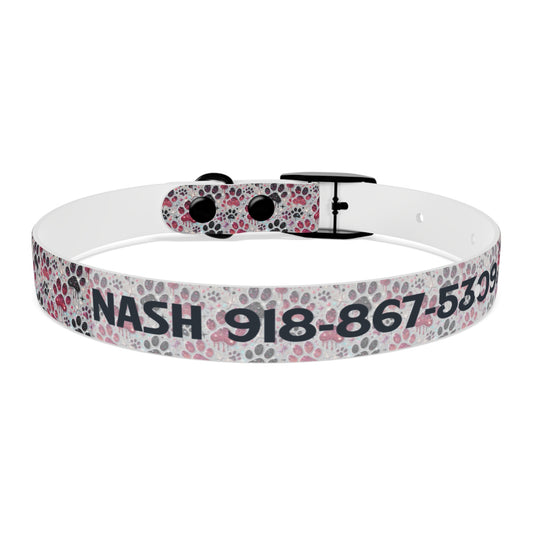 Personalized Paw Print Dog Collar — Custom Name & Phone Number, Cute Pink Gray Pet Collar
