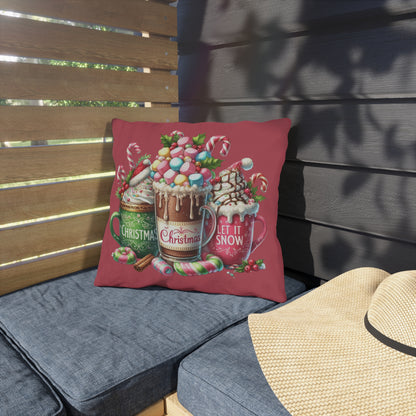 Christmas Hot Cocoa Indoor - Outdoor Pillow — "Let It Snow" Festive Mug Trio