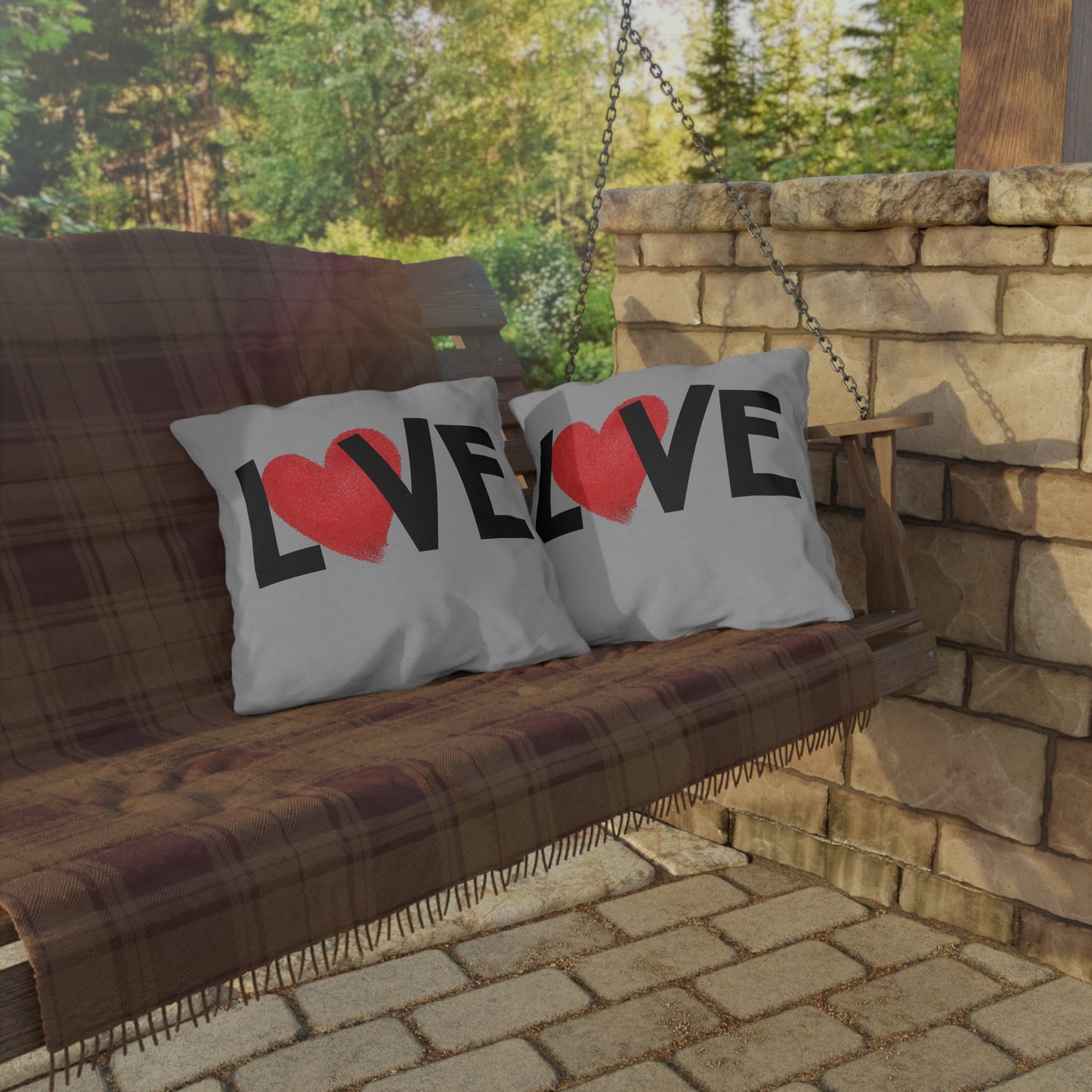 LOVE Heart Outdoor Pillow — Grey Patio Accent Cushion