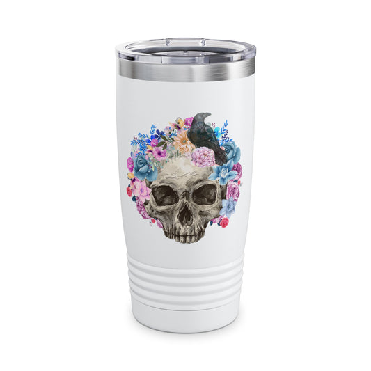 Gothic Floral Skull 15oz Mug Vintage Boho Skull Watercolor Goth Graphic Skull Tumbler Floral Skull Cup with Crow Floral Skull 15oz Steele Cup Gothic Home Decor Halloween Gift