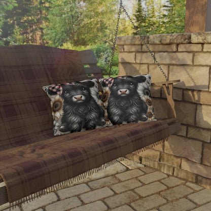 Highland Cow Outdoor Pillow — Cute Cow with Plaid Bow & Sunflowers