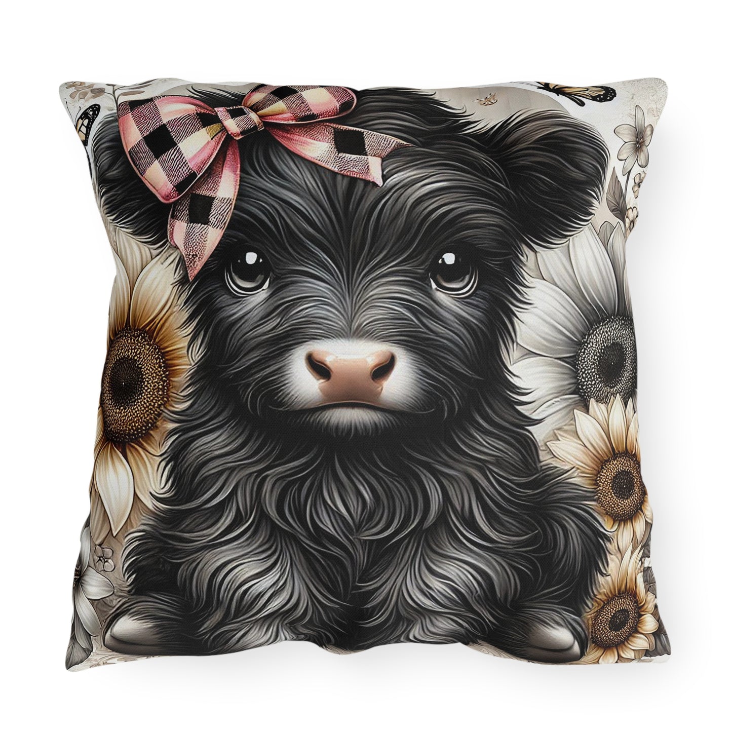 Highland Cow Outdoor Pillow — Cute Cow with Plaid Bow & Sunflowers