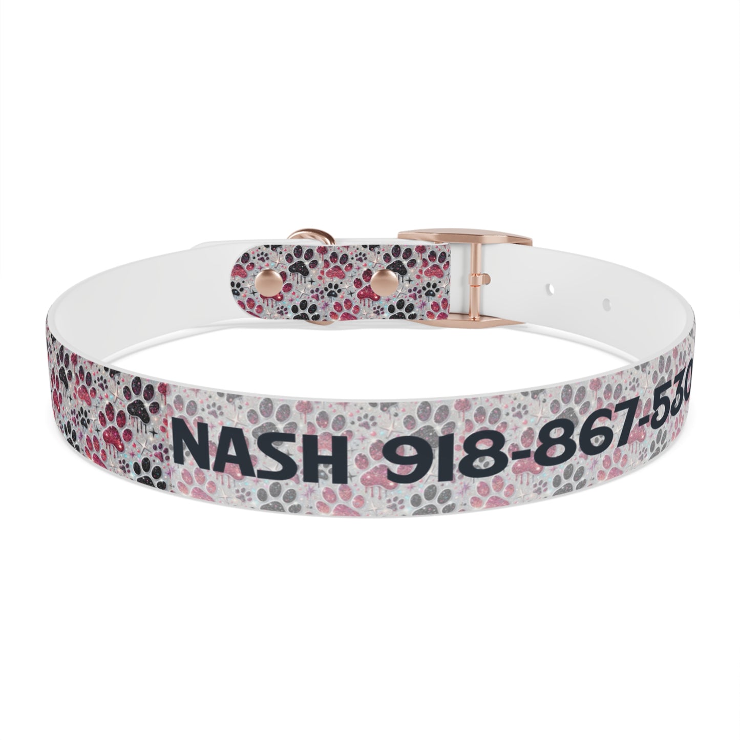 Personalized Paw Print Dog Collar — Custom Name & Phone Number, Cute Pink Gray Pet Collar