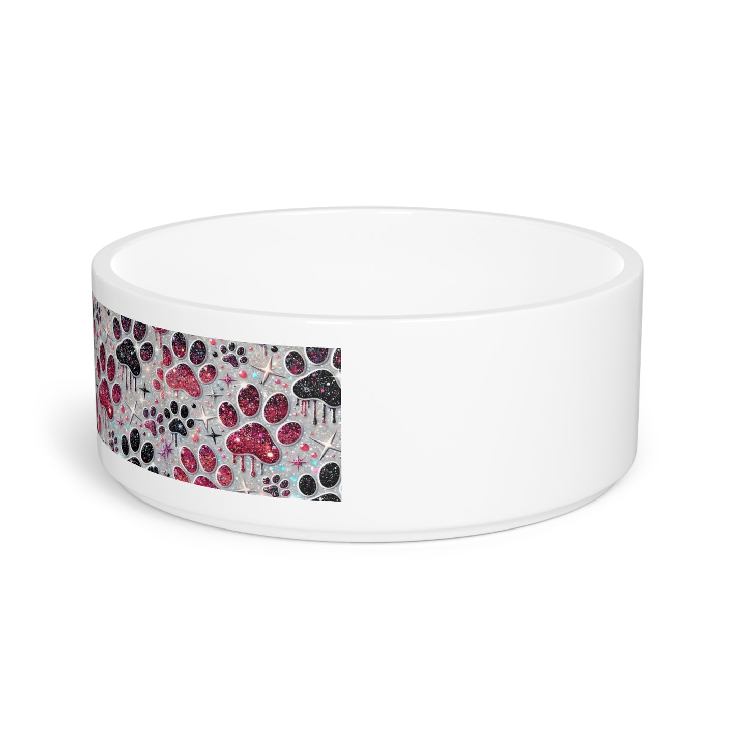 Glitter Paw Print Ceramic Pet Bowl — Pink & Black Glitter Paw Pattern