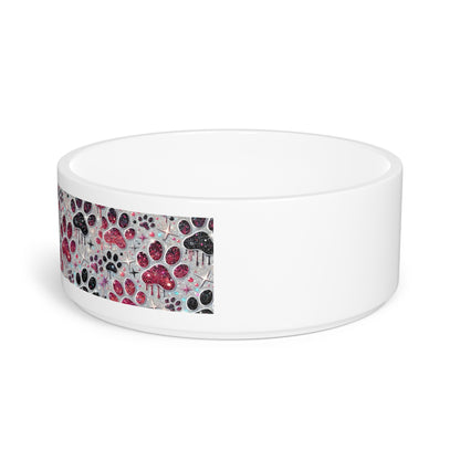 Glitter Paw Print Ceramic Pet Bowl — Pink & Black Glitter Paw Pattern