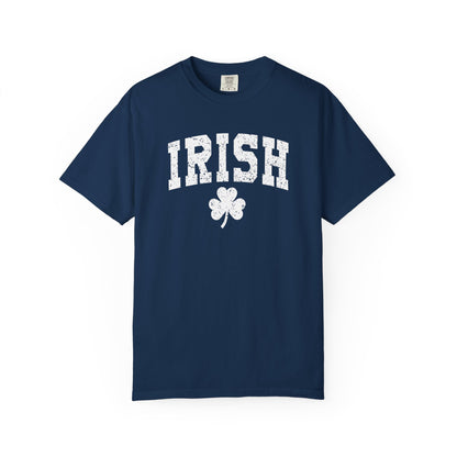 Irish Shamrock T-Shirt — Vintage Green 'IRISH' College Tee for St. Patrick's Day