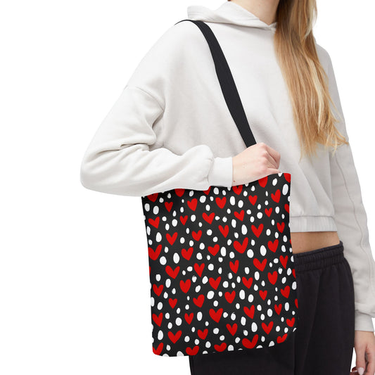 Heart Pattern Tote Bag – Red & White Hearts on Black All-Over Print