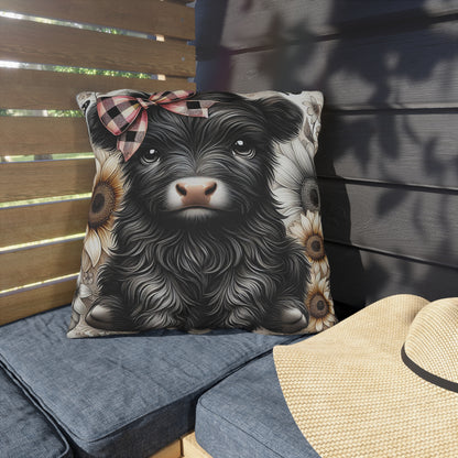 Highland Cow Outdoor Pillow — Cute Cow with Plaid Bow & Sunflowers