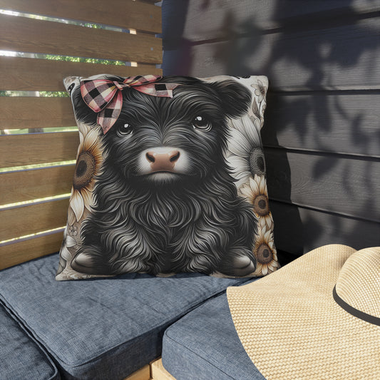 Highland Cow Outdoor Pillow — Cute Cow with Plaid Bow & Sunflowers