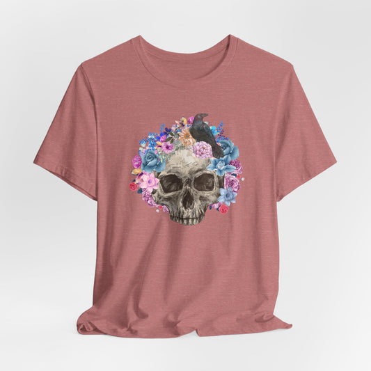 Gothic Floral Skull T-Shirt Vintage Boho Skull Watercolor Goth Graphic Tee Floral Skull Tee with Crow