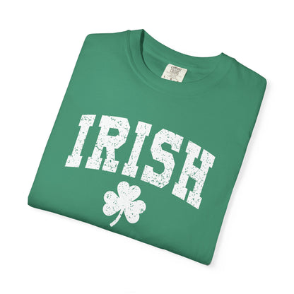 Irish Shamrock T-Shirt — Vintage Green 'IRISH' College Tee for St. Patrick's Day