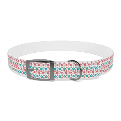 Personalized 3D Floral Dog Collar — Custom Name & Phone Number, Pink Teal Paw-Print Pattern