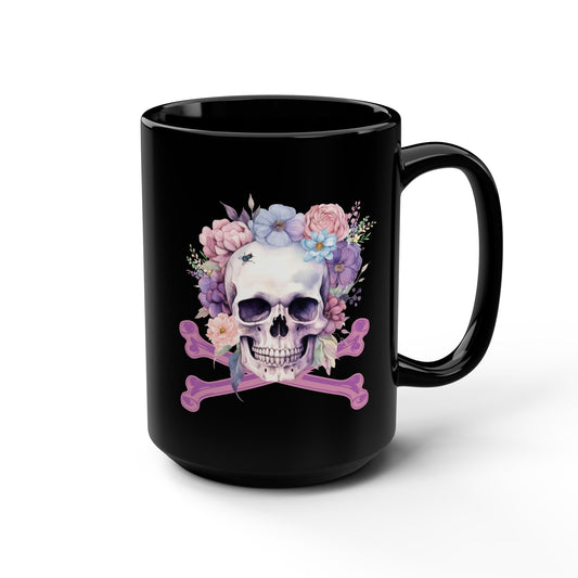 Gothic Floral Skull 15oz Mug Vintage Boho Skull Watercolor Goth Graphic Mug Floral Skull Mug  Floral Skull Black Mug, 15oz Coffee Cup Gothic Home Decor Halloween Gift