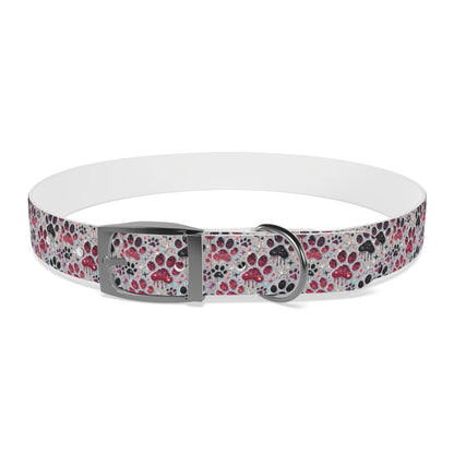 Personalized Paw Print Dog Collar — Custom Name & Phone Number, Cute Pink Gray Pet Collar