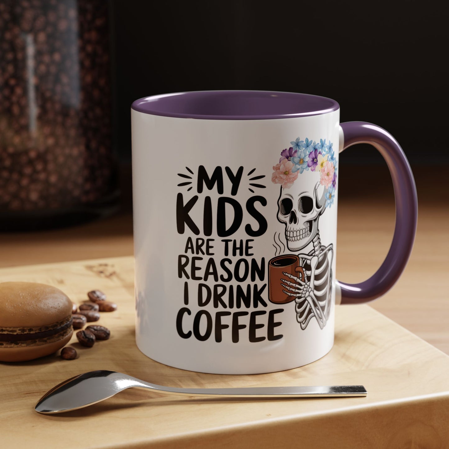 Floral Skeleton Mom Mug 11 oz 15 oz Funny Mom Life Coffee Mug Graphic My Kids Are The Reason I Drink Coffee Colorful Flower Crown Skull Coffee Cup