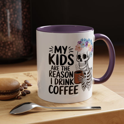 Floral Skeleton Mom Mug 11 oz 15 oz Funny Mom Life Coffee Mug Graphic My Kids Are The Reason I Drink Coffee Colorful Flower Crown Skull Coffee Cup