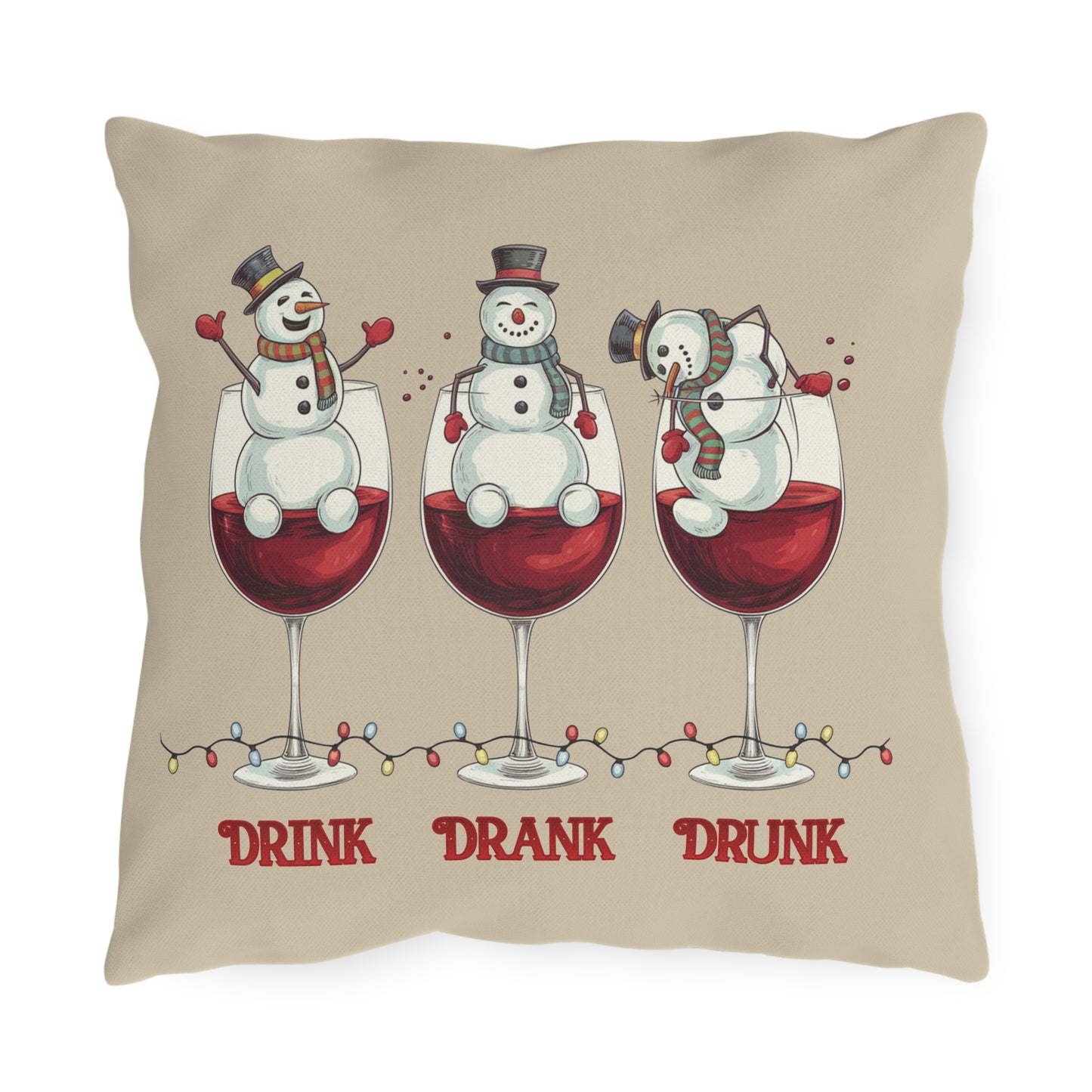 Drink Drank Drunk Snowmen Indoor - Outdoor Pillow — Funny Christmas Wine Patio Decor