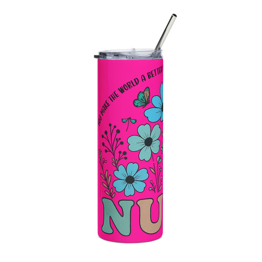 20oz Stainless Steel Tumbler — Pink Floral "Nurse" Tribute