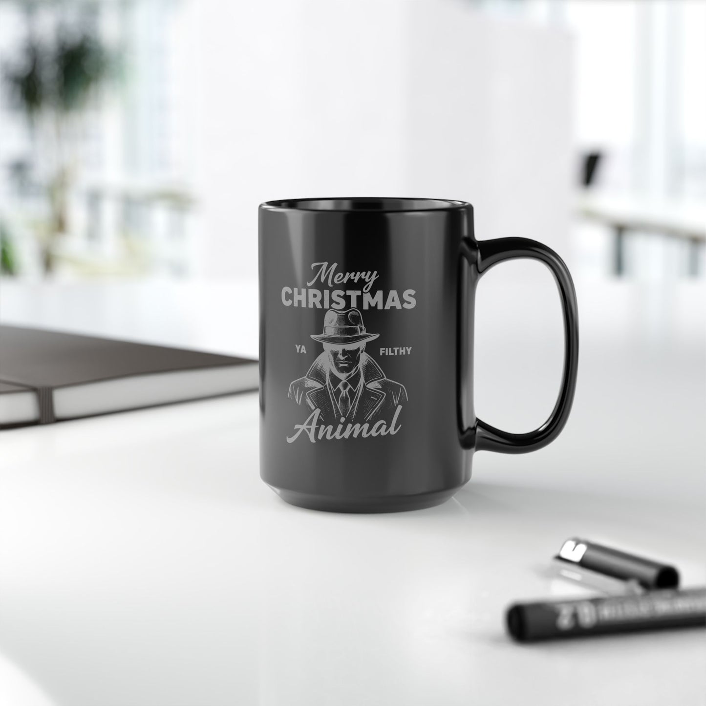 Merry Christmas Ya Filthy Animal Black Coffee Mug 15oz