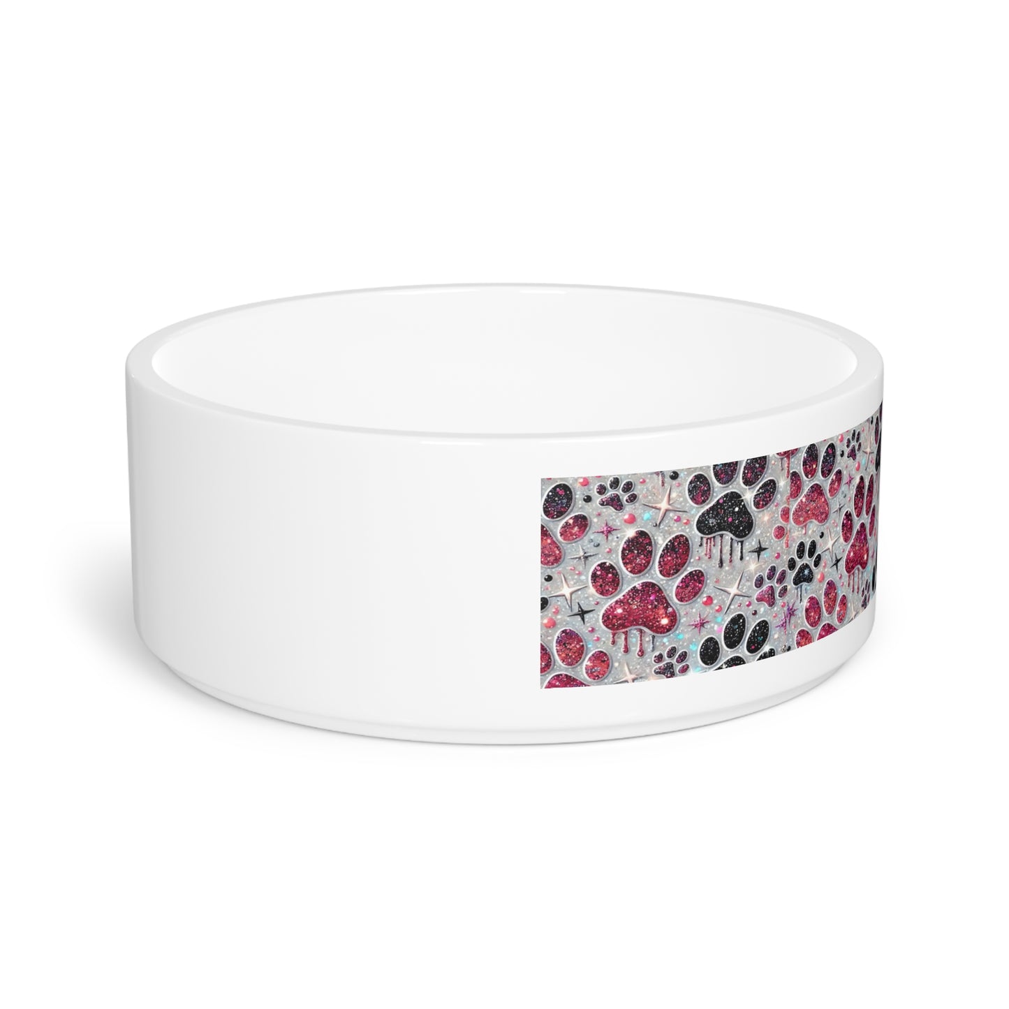 Glitter Paw Print Ceramic Pet Bowl — Pink & Black Glitter Paw Pattern