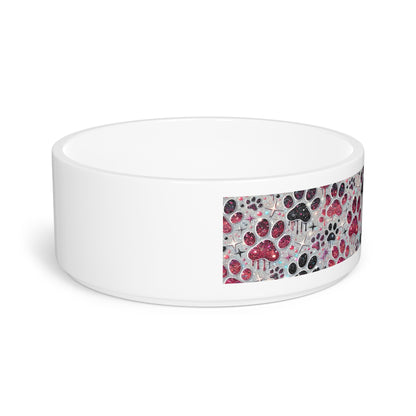 Glitter Paw Print Ceramic Pet Bowl — Pink & Black Glitter Paw Pattern