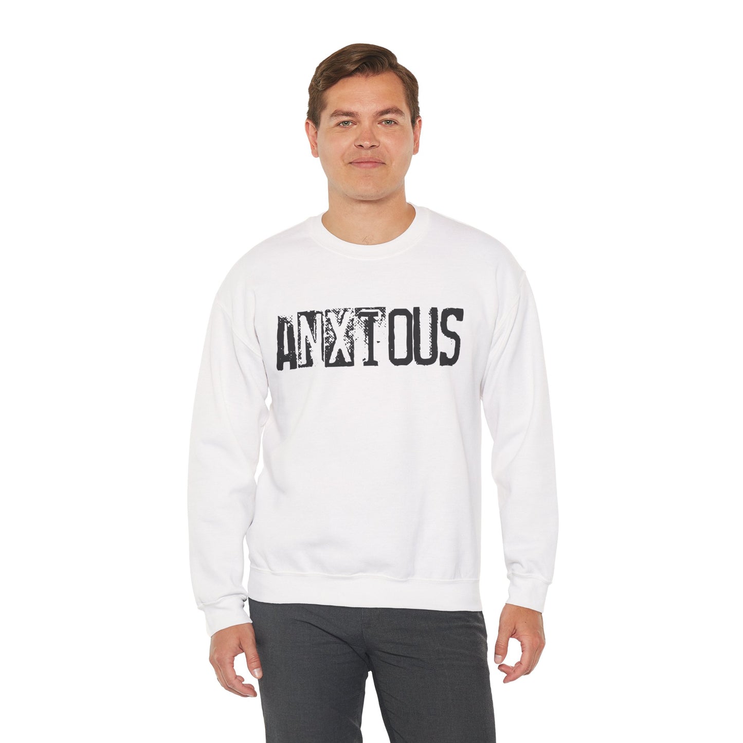 Anxious Graphic Sweatshirt — Distressed Text Crewneck for Anxious Vibes